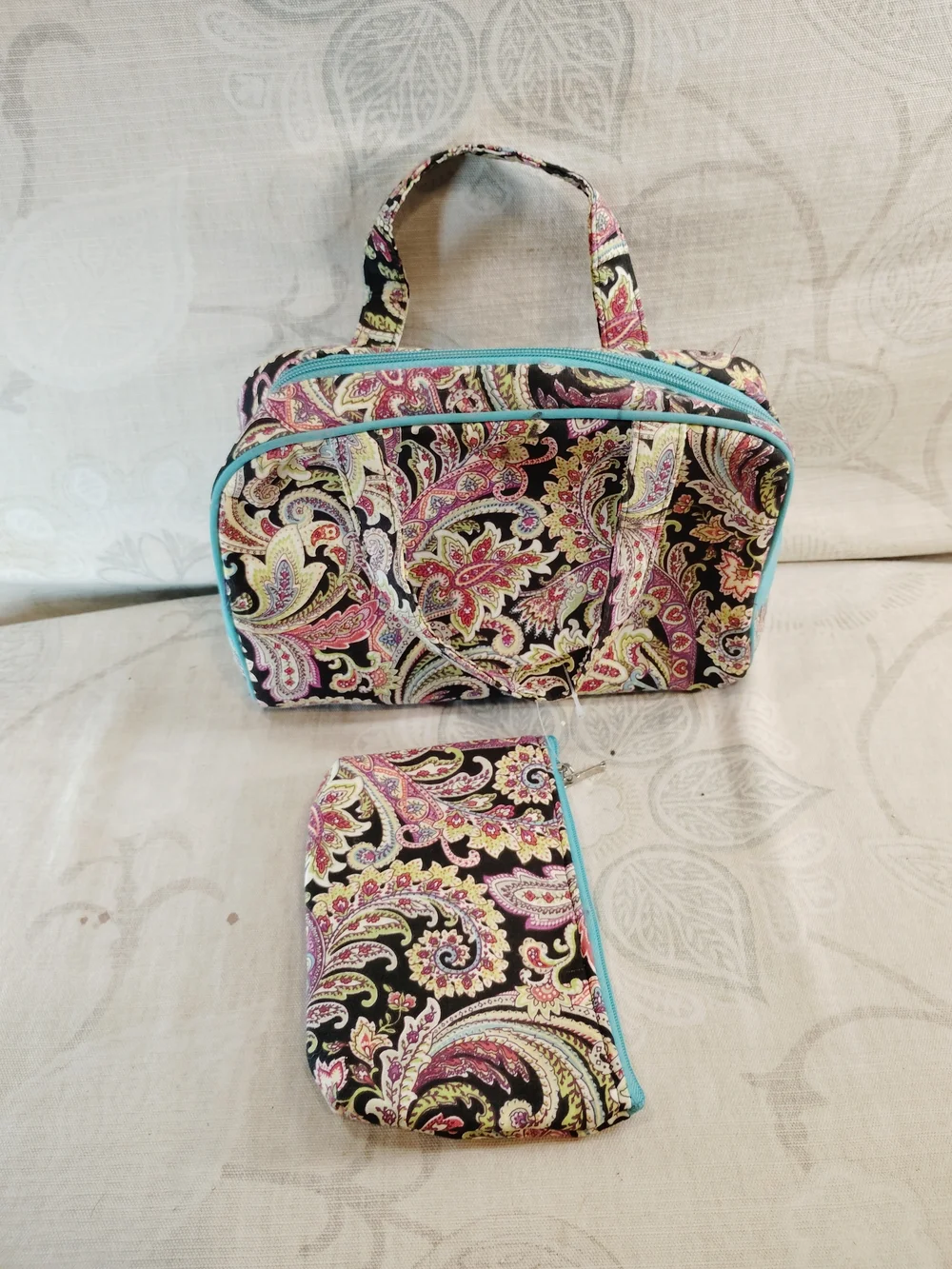 2pc Paisley Print Cosmetic Bag Set - Black with Pink & Turquoise